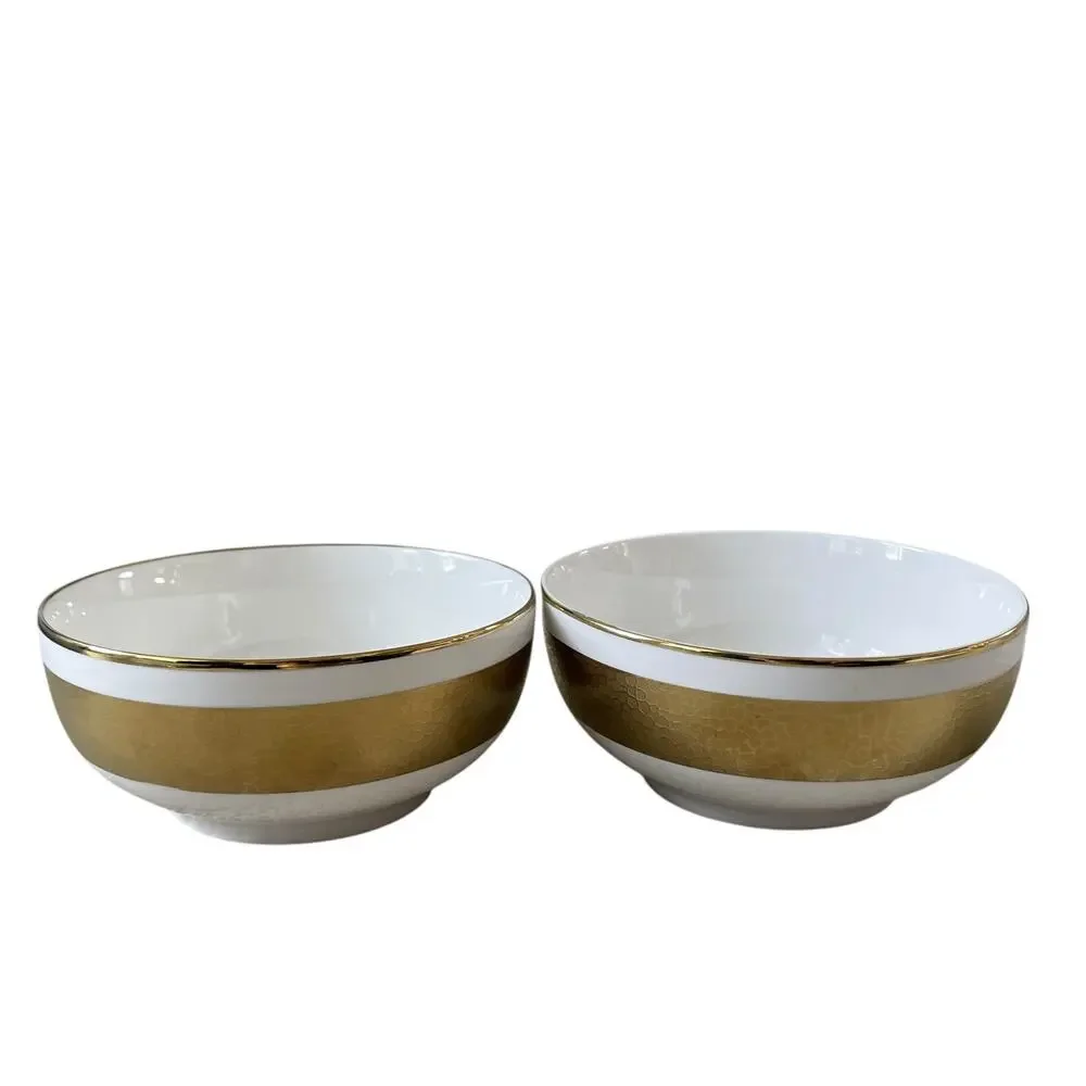 Yedi Metallic Gold Tone 6in Ceramic Bowls Set of 4 Holiday Glam White NEW
